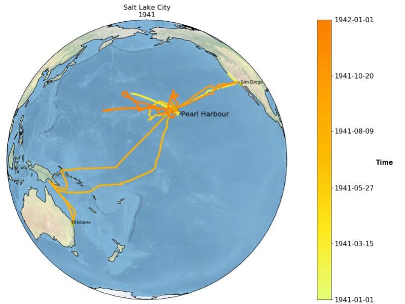 Image of globe showing tracks of US Navy Ship Salt Lake City during 1941 in the Pacific, most tracks originate at Pearl Harbour